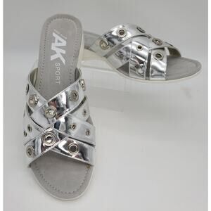 Anne Klein Sport NEW!! Kandis Chrome Silver Slip-On Comfort Sandals Sz 9.5 Box